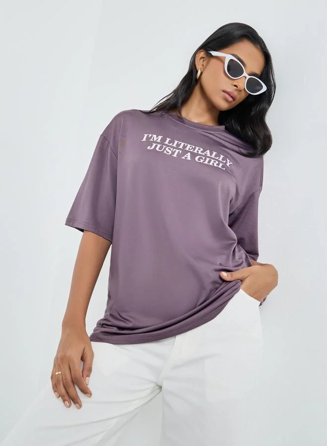Take Two Take Two Purple Slogan Print Oversized T-Shirt